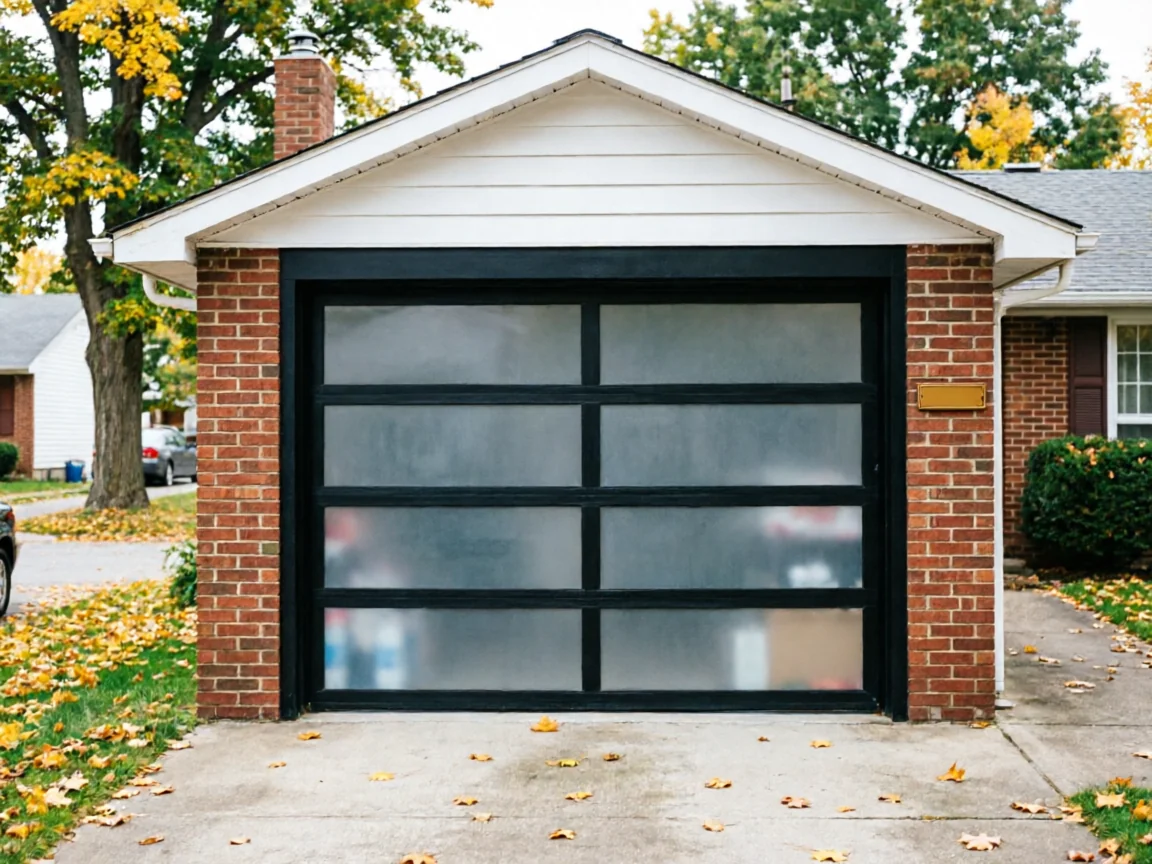 A black garage door with frosted glass panels on a brick house.