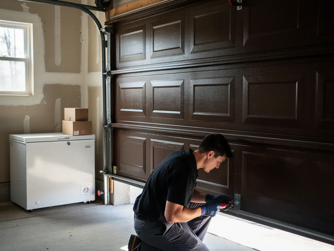 A technician kneels, working on the bottom panel of a brown garage door.